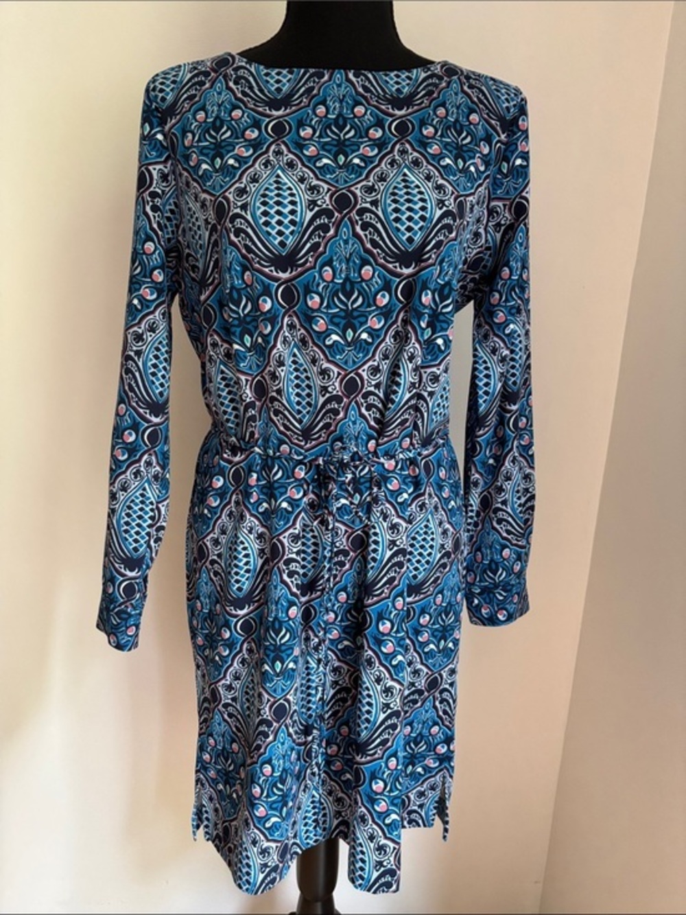 ANN TAYLOR LOFT stunning dress PS blue geo design long sleeve
